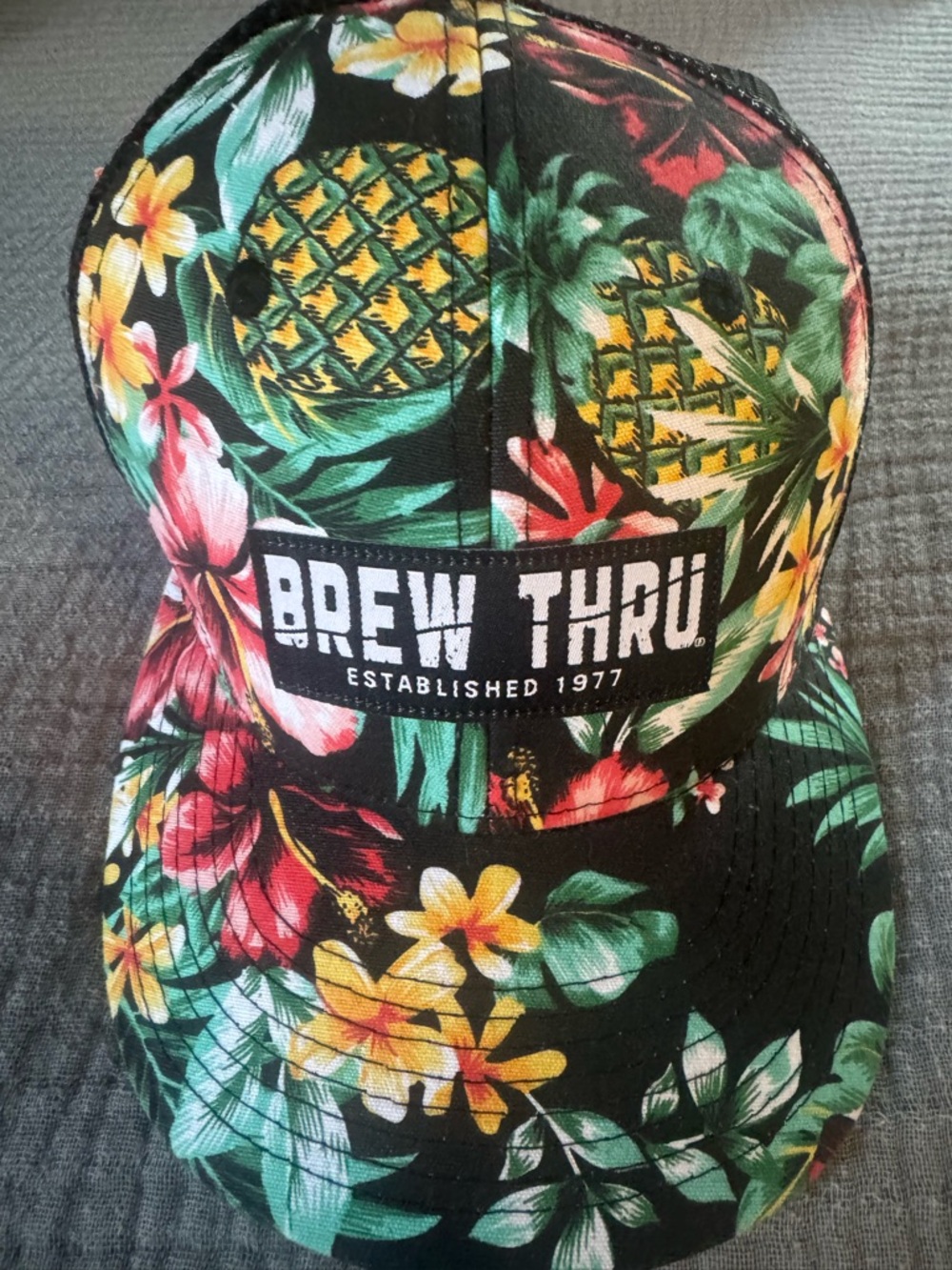 OBX Brew Thru Tropical Pineapple Floral Snapback Hat - Black, Green, Yellow